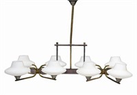 MID-CENTURY BRASS & FROSTED GLASS CHANDELIER