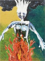 SIGNED OUTSIDER ART PAINTING ON PANEL MAN ON FIRE