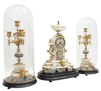 3) FRENCH LOUIS XV STYLE MANTEL CLOCK & GARNITURES