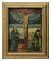 ANTIQUE OIL ON WOOD PANEL PAINTING THE CRUCIFIXION