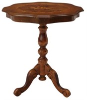 ITALIAN FRUITWOOD MARQUETRY PEDESTAL SIDE TABLE