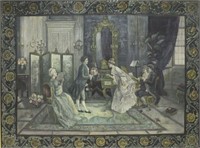 LARGE PAINTED TAPESTRY COURTING COUPLES IN SALON