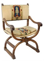 ITALIAN CARVED WALNUT CURULE ARMCHAIR