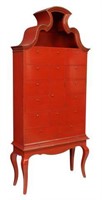 QUEEN ANNE STYLE RED LACQUER CHEST ON STAND