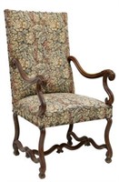 FRENCH LOUIS XIV STYLE WALNUT UPHOLSTERED FAUTEUIL