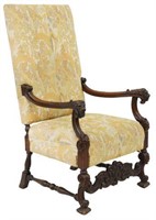 FRENCH LOUIS XIV STYLE WALNUT LIONS HEAD FAUTEUIL