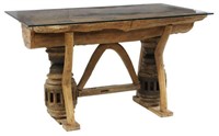 RUSTIC GLASS-TOP & CARVED WOOD TABLE