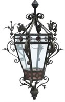 CONTINENTAL IRON & STAINED-GLASS HANGING LANTERN