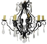 FRENCH WROUGHT IRON & CRYSTAL SIX-LIGHT CHANDELIER