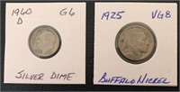 Coins: 1925 Buffalo Nickel & 1960D Silver Dime