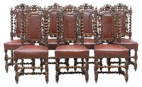 (7) FRENCH HENRI II STYLE CARVED OAK DINING CHAIRS