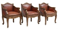 (3) FRENCH LOUIS XV STYLE OAK & LEATHER ARMCHAIRS