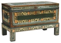 CHINESE EXPORT PAINTED LEATHER TRUNK ON STAND