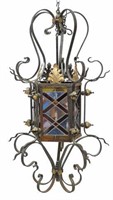 WROUGHT IRON STAINED-GLASS HANGING HALL LANTERN