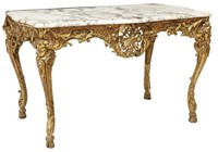 FRENCH GILTWOOD FIGURAL CARVED MARBLE-TOP TABLE