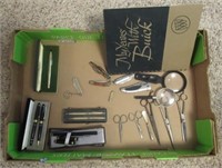 Various pocket knives, pen sets, hair sheers,