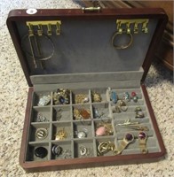 Costume jewelry in wooden box includes turquoise