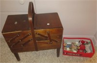 Wood organ style sewing notions box and various