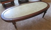 Oval table with marble style inlay. Measures: