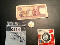 1 BILL FROM TURKEY-2 COINS FROM TURKEY