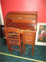 Child's Vintage Wood Roll Top Desk &  Chair