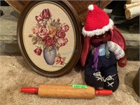 LOT: Rolling Pin, Framed Needle Point, Knitted