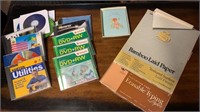 Baby book, stationary, misc box lot