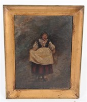 OLD WOMAN OIL PIANTING ON BOARD