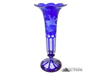 Bohemian Czech Cobalt Blue Cut to Clear Vase