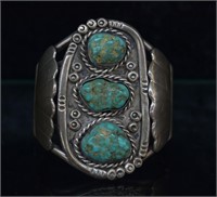 Sterling Silver Signed Navajo Turquoise Bracelet