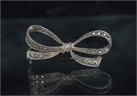 Sterling Silver Marcasite Bow Pin / Brooch