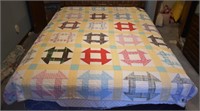 Vintage Hand & Machine Sewn Greek Square Quilt