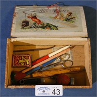 Cigar Box with Pin Cushion, Pocket Knife, Etc.