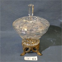 Footed Etched Glass Dish with Lid
