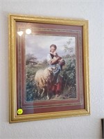 NICE GOLD FRAME SHEEP AND GIRL PICTURE