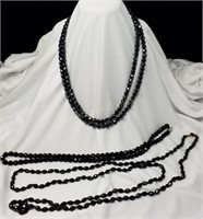 (3) Black Bead Necklaces-(1) Marked Austria