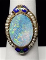 14k Opal-Pearl-Enamel Ring Size 5 1/2