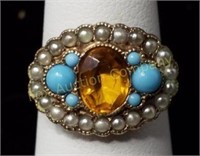 Amber-Turquoise-Pearl Ring-Unmarked Size 5 1/2