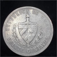 1915 Cuba 20 Centavos - Silver - Beautiful!