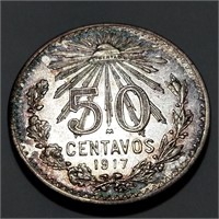 1917 MEXICO 50 CENTAVOS - 80% Silver Toned Sizzler