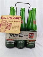 Vintage 7 Up Bottle Caddy, Bottles & Float Ad