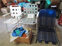 3 ALUMINUM CHAIRS AND BOX OF WEBBING
