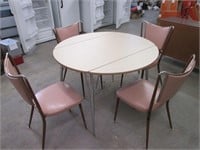 Vintage Round Drop-Leaf Table with 4 Pink Chairs