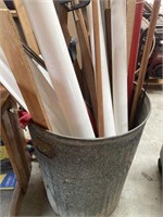 Vintage metal trash can, PVC pipe pieces, other