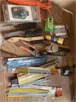 Assorted hacksaw blades, wire brushes, rope, other