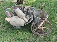Antique buckets and bottles