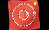 Designer Pearl Heart Necklace + Bracelet Set MIB