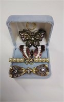 4 Vintage Rhinestone + Enamel Pins, 2 Butterfly’s