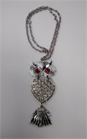 Large Silver Tone Owl Necklace with Ruby Eye’s