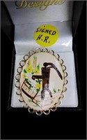 Hand Painted Water Pump + Flowers Signed H.R.